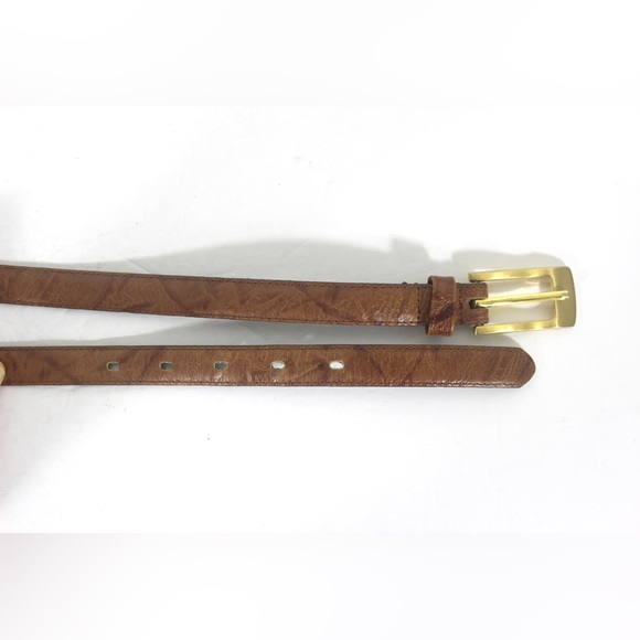 Super Skinny Caramel Brown Leather Belt with Pattern Texture Gold Buckle - Picture 2 of 7